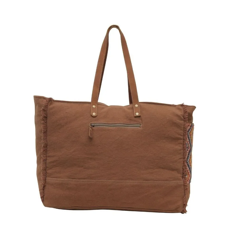 Myra Bag Handmade Geometric Weekender Bag Upcycled Canvas & Cowhide Leather